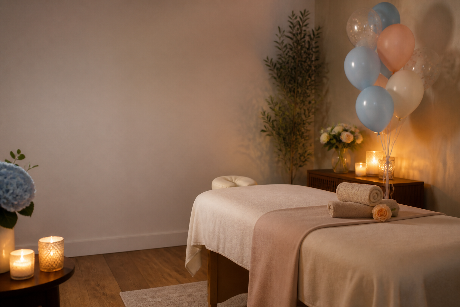 Sala de massoterapia preparada com balões, flores, toalhas e velas